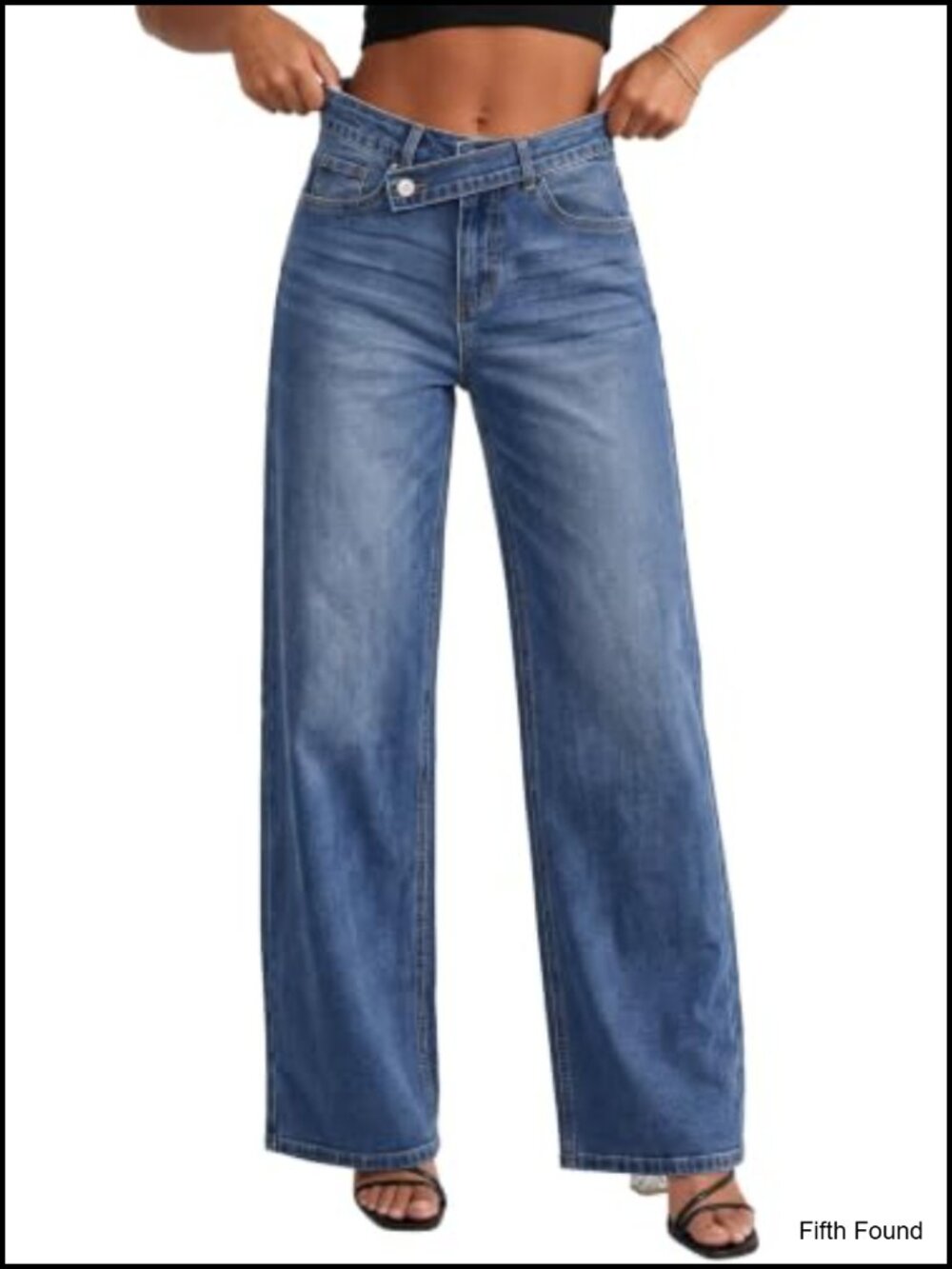High Rise Wide Leg Stretchy Denim Jeans Overlap Waist Crisscross Boyfriend